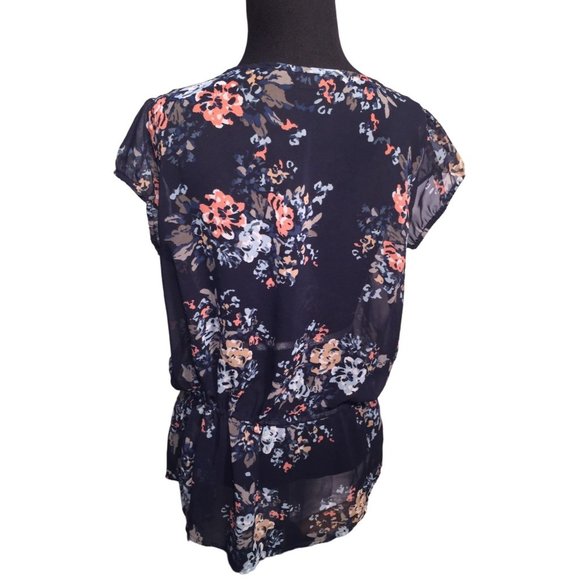 A New Approach (a.n.a.) Womens Blouse Blue awith Floral Print - Size PM Petite M - Picture 2 of 8